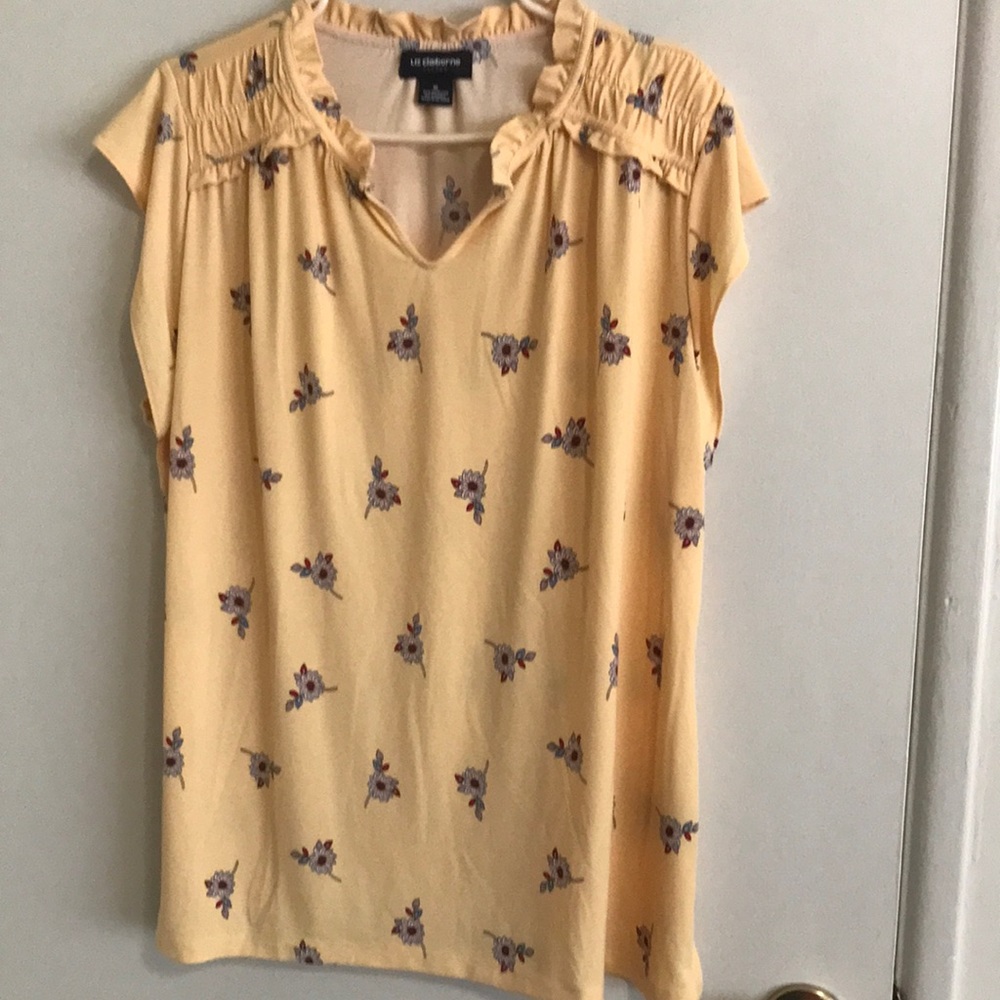 Liz Claiborne Yellow Floral Ruffle Neck Cap-Sleeve Top